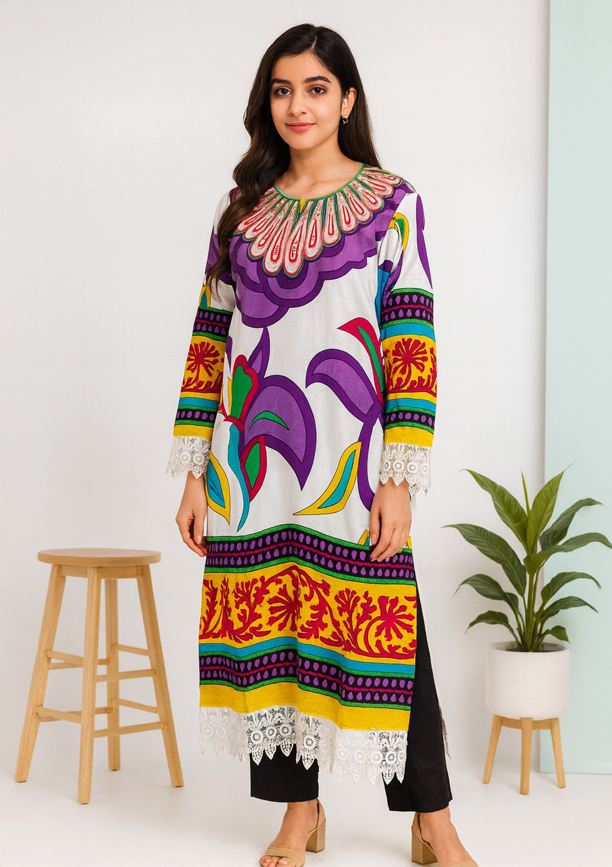 Women’s Multicolor Printed Kurti – Bold Floral Design