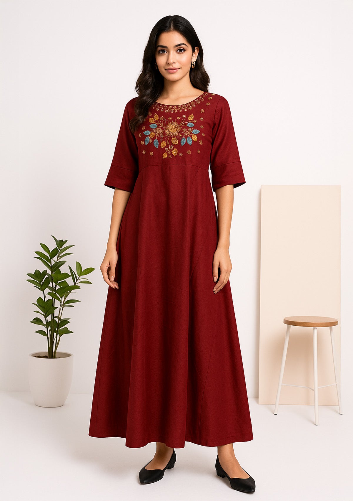 Wine Red Cotton A-line Kurti – Floral Embroidered Festive Dress