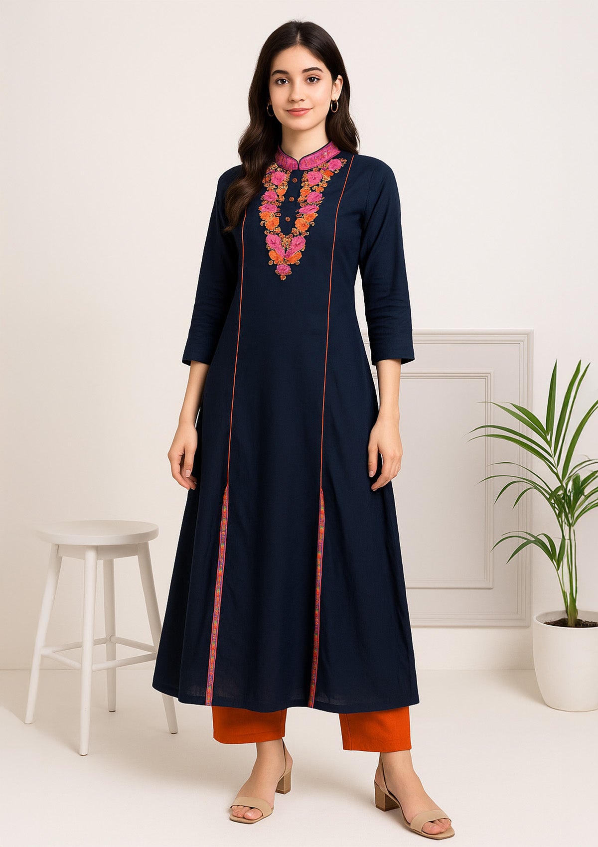 Women's Designer Kurti – Navy Blue A-line Angrakha with Embroidery