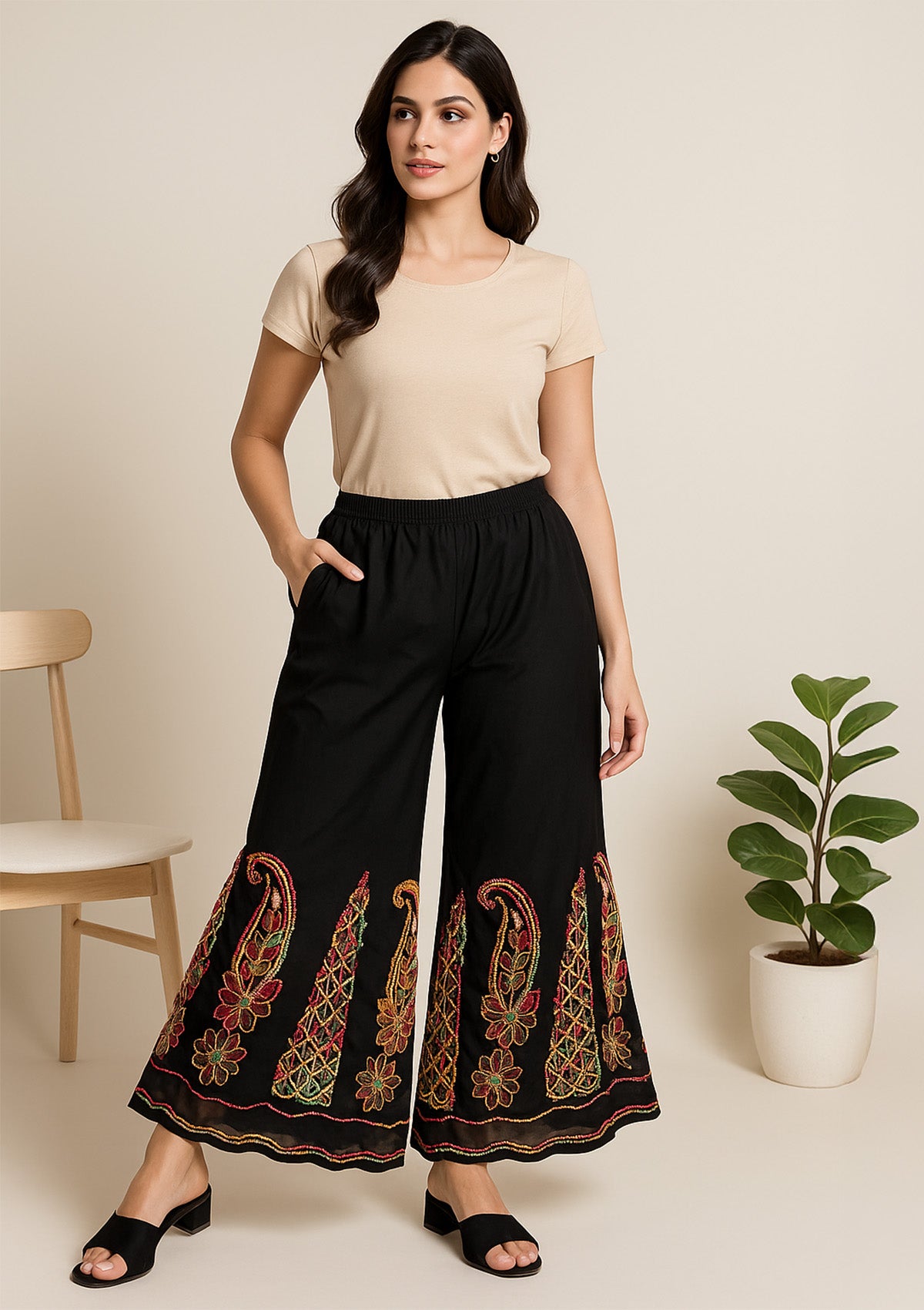 Women’s Black Georgette Sharara – Multicolour Threadwork Embroidered