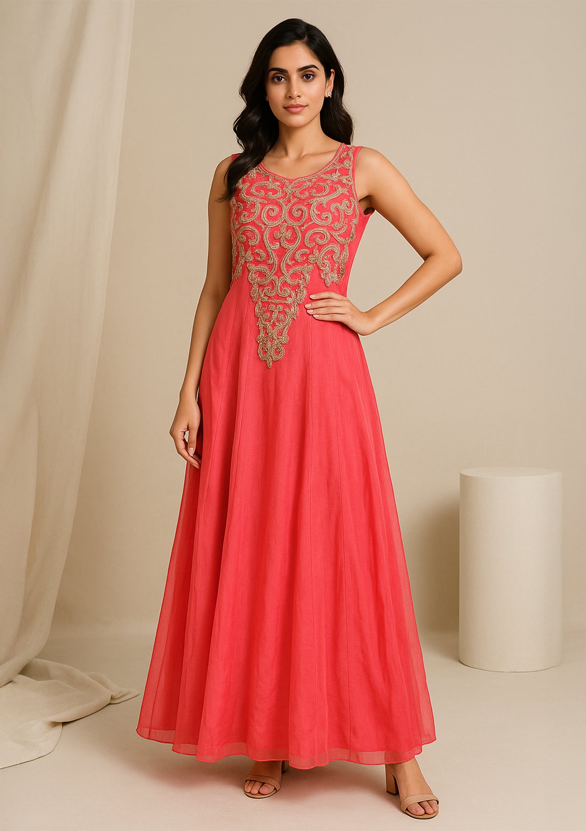 Women’s Pink One Piece Dress – Golden Embroidered Flared Gown