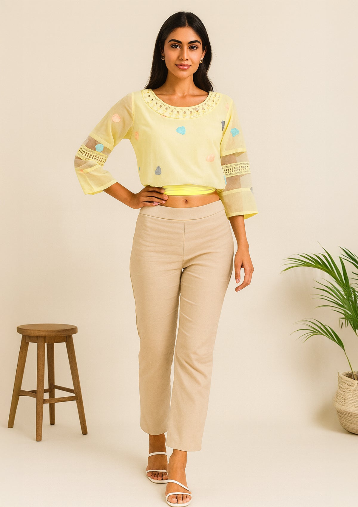 Women’s Pastel Yellow Georgette Pearl Work Short Top