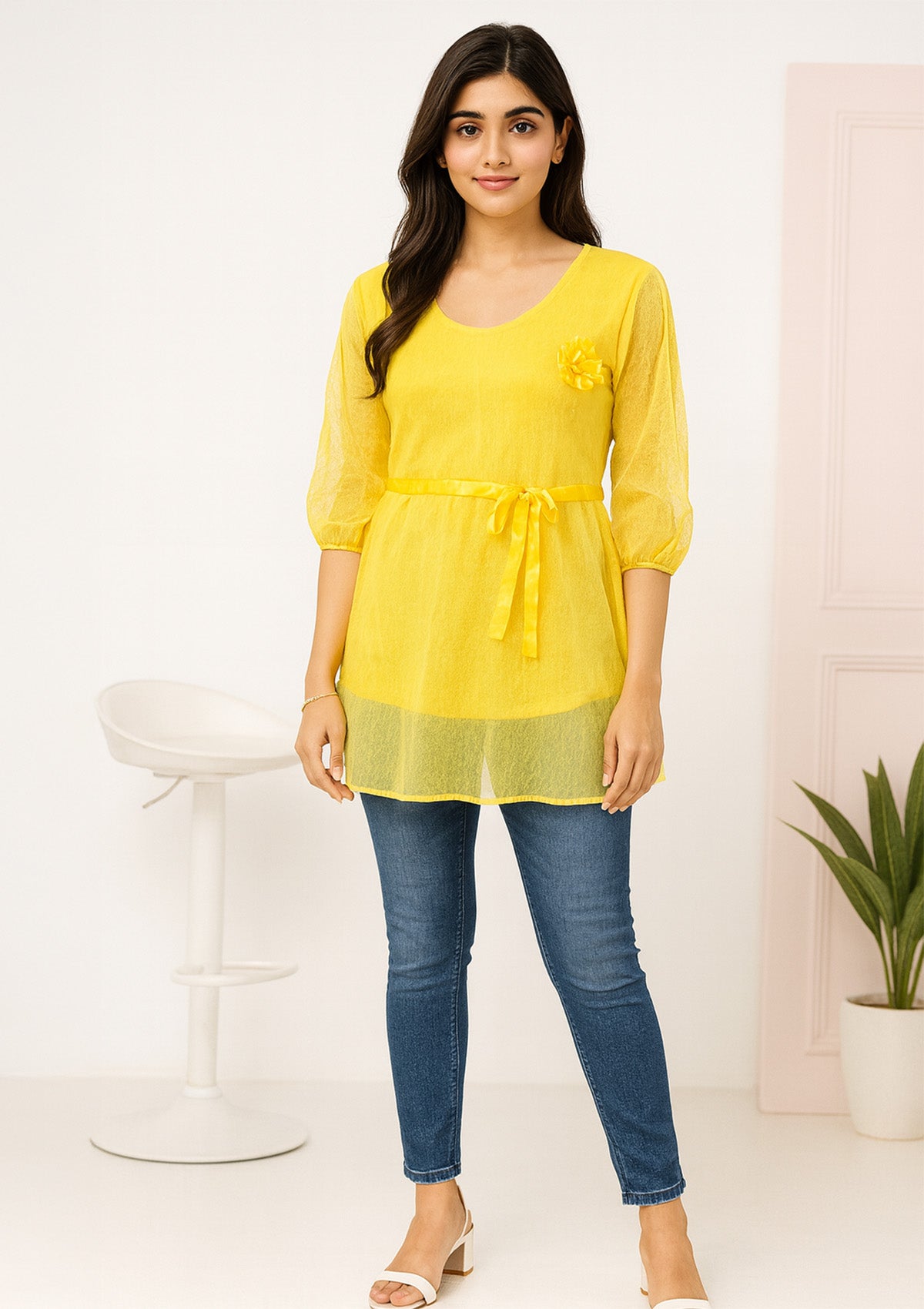 Women’s Yellow Net Stretchable Top – Elegant Floral Detail