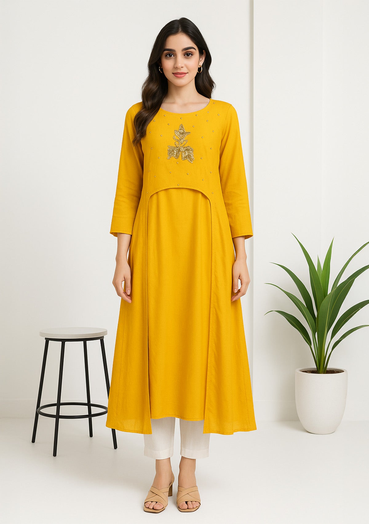 Women's Mustard Yellow Silk Kurti – A-line Designer Embroidered Dress