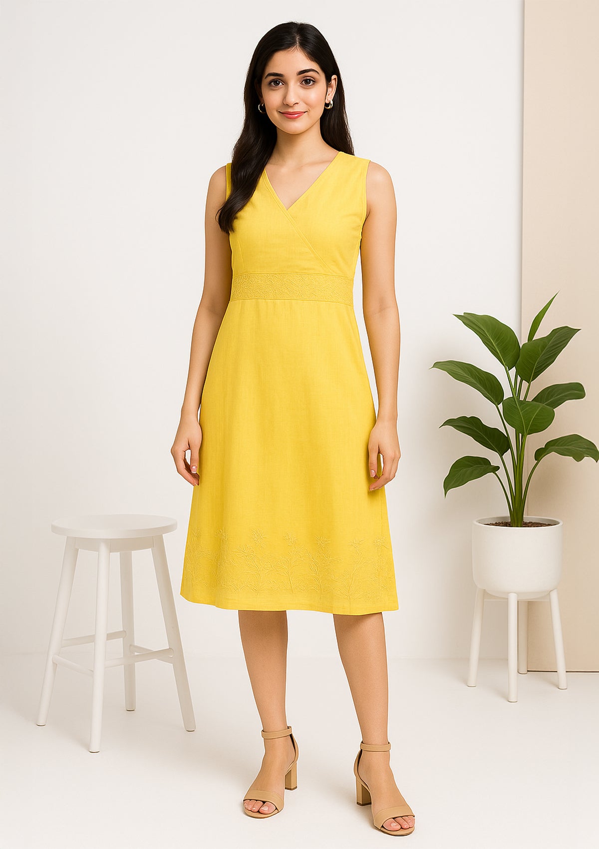 Women’s Yellow Sleeveless Cotton Midi Dress – Floral Embroidery