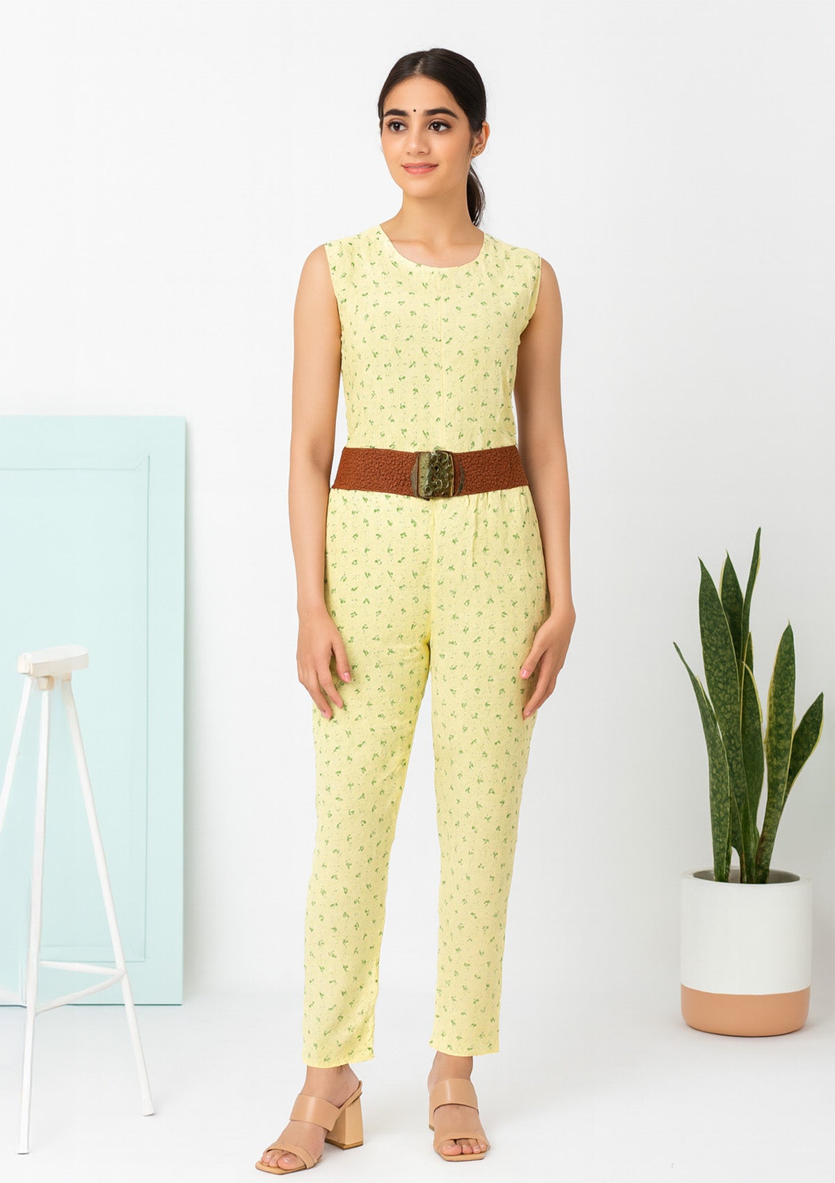 Women’s Yellow Stylish Printed Cotton Jumpsuit – Sleeveless