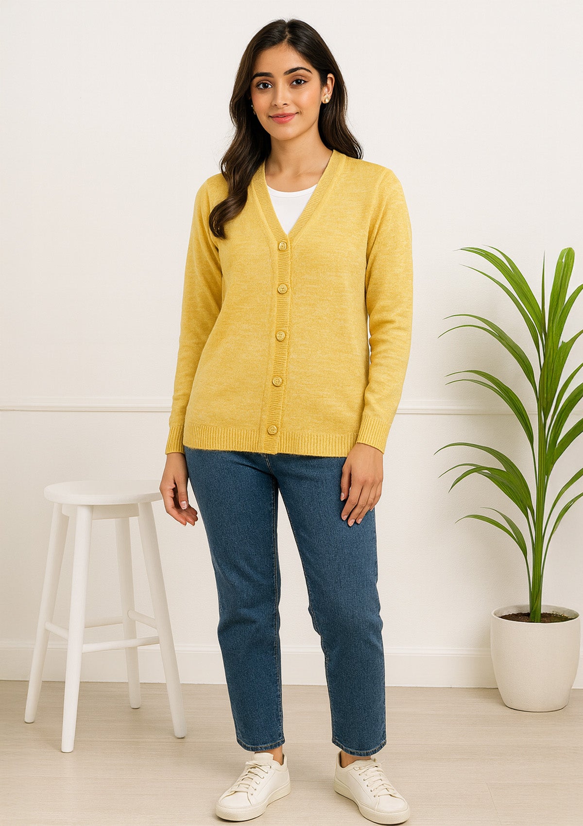 Women's Mustard Melange V-Neck Cardigan – Solid Button-Up
